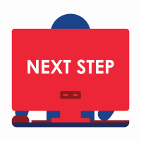 Graphic of person sitting at a computer monitor with the words next step