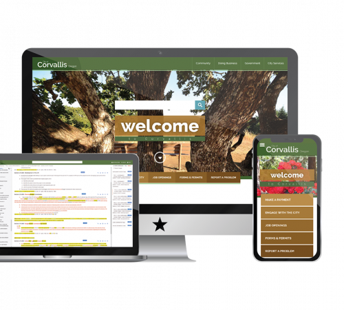 Screenshot of Corvallis Website in Monitor and Phone and Online Code in Laptop