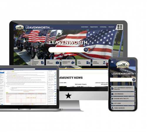 Screenshot of Leavenworth Website in Monitor and Phone and Online Code in Laptop