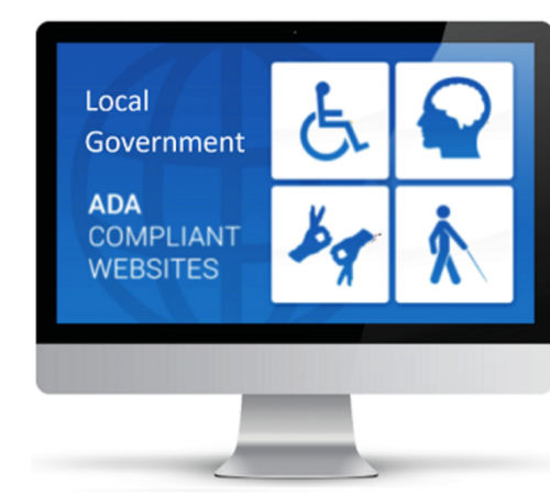 Image of a computer monitor with symbols for ADA and the text Local Government ADA Websites.