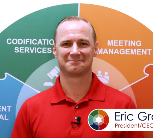 A photo of Eric Grant, the President and CEO of Municode with the Circle of Goverance Platform in the back ground.
