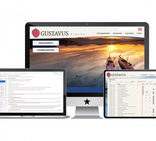 Screenshot of Gustavus website, meeting management, and codification on monitor, laptop, and tablet