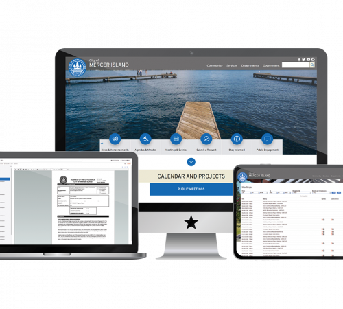 Screenshot of Mercer Island website, MuniDocs, and Meetings on Monitor, Laptop, and Tablet