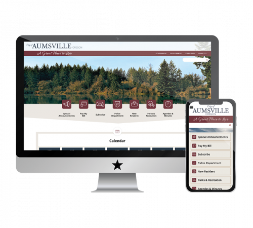 Screenshot of Aumsville website on monitor and phone
