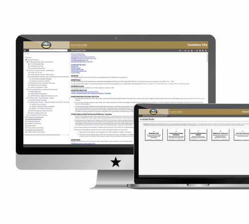 Screenshot of Gunnison's Self Publishing Software and Policies and Procedures Software on Monitor and Laptop