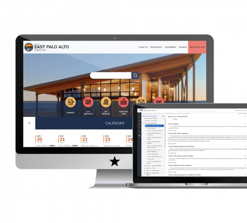 Screenshot of East Palo Alto Website and Code on Monitor and Laptop