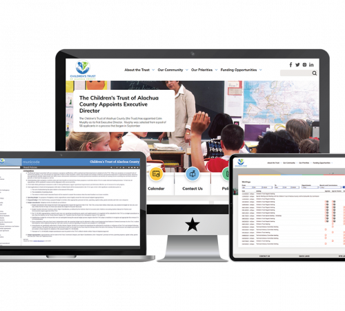 Screenshot of Children's Trust website, Self-Publishing Software, and Meeting Management Software in Monitor, Laptop, and Tablet