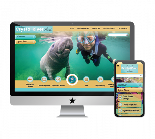 Homepage of Crystal River featuring a manatee and someone snorkeling. 