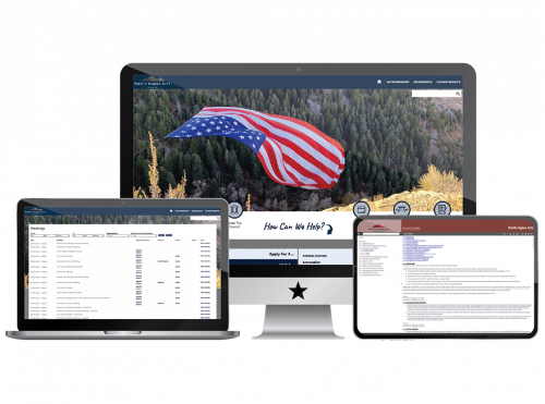 Screenshot of North Ogden homepage in monitor, Meeting Portal in Laptop, and Self-Publishing in Tablet