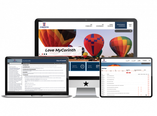 Screenshot of Corinth website, self-publishing software, and meetings in devices