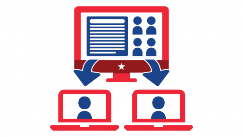 Computer with meeting and two arrows going to laptop with individuals