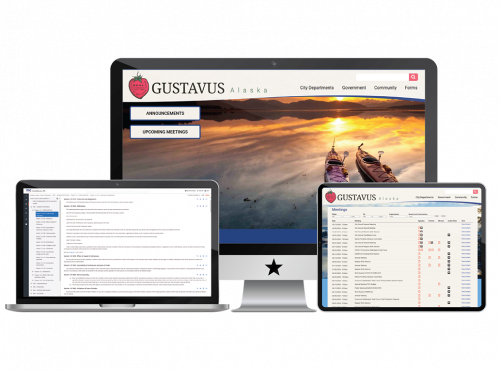 Screenshot of Gustavus website, meeting management, and codification on monitor, laptop, and tablet