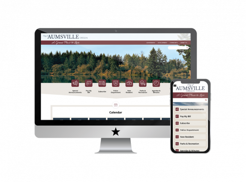 Screenshot of Aumsville website on monitor and phone