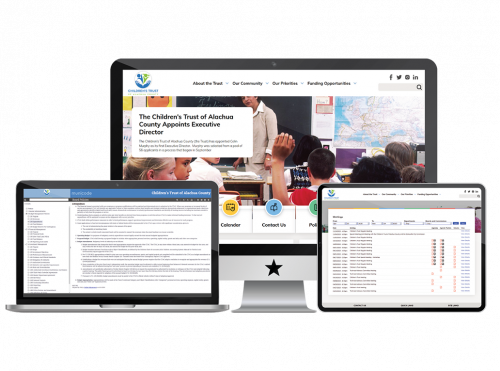 Screenshot of Children's Trust website, Self-Publishing Software, and Meeting Management Software in Monitor, Laptop, and Tablet