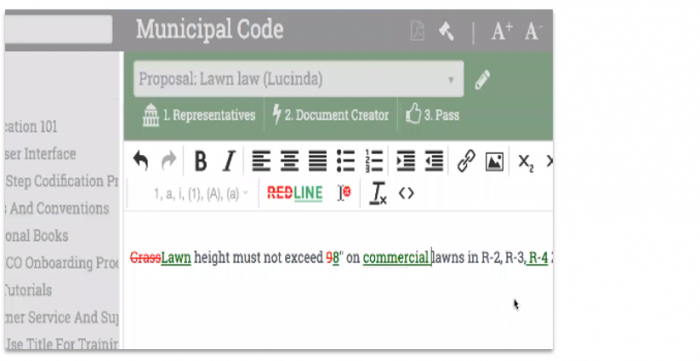 Screenshot of prposeing changes to city ordinance in the self-publishing software.