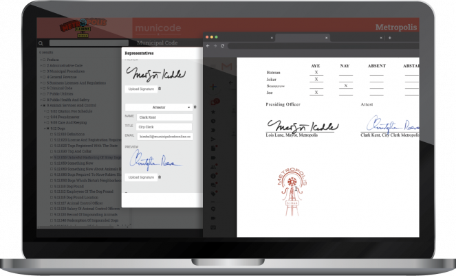 Image of laptop with an example of electronic signature in the Self-Publishing software.