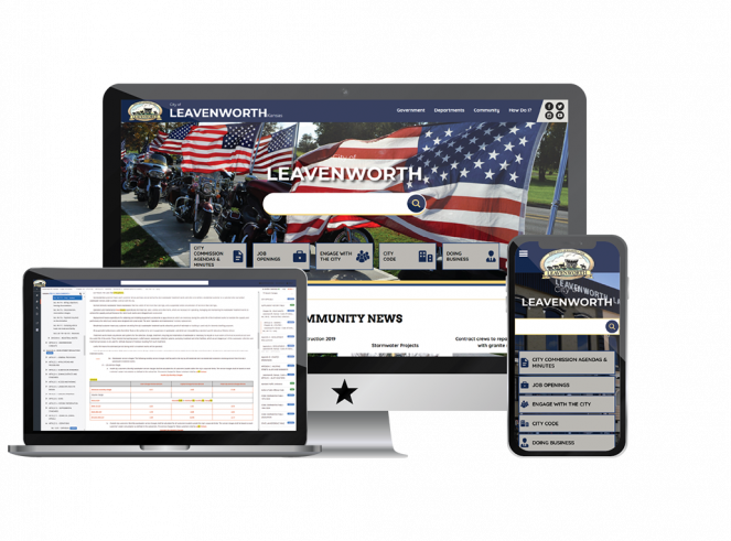 Screenshot of Leavenworth Website in Monitor and Phone and Online Code in Laptop