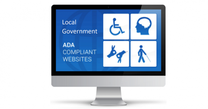 Image of a computer monitor with symbols for ADA and the text Local Government ADA Websites.