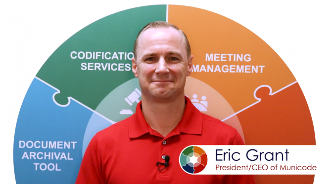 A photo of Eric Grant, the President and CEO of Municode with the Circle of Goverance Platform in the back ground.