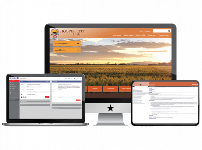 Screenshot of Hooper City Website in Monitor,  Meeting Management in Laptop, Self-Publishing in Tablet