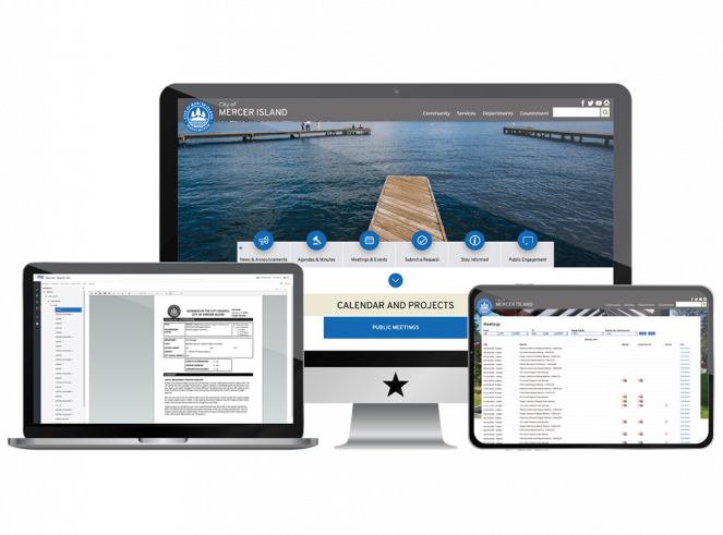 Screenshot of Mercer Island website, MuniDocs, and Meetings on Monitor, Laptop, and Tablet