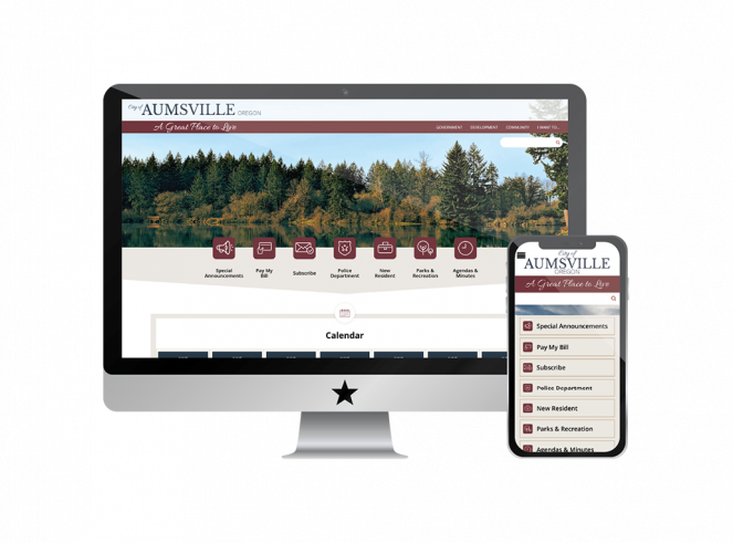 Screenshot of Aumsville website on monitor and phone