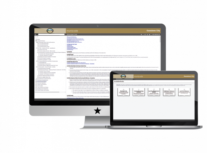 Screenshot of Gunnison's Self Publishing Software and Policies and Procedures Software on Monitor and Laptop