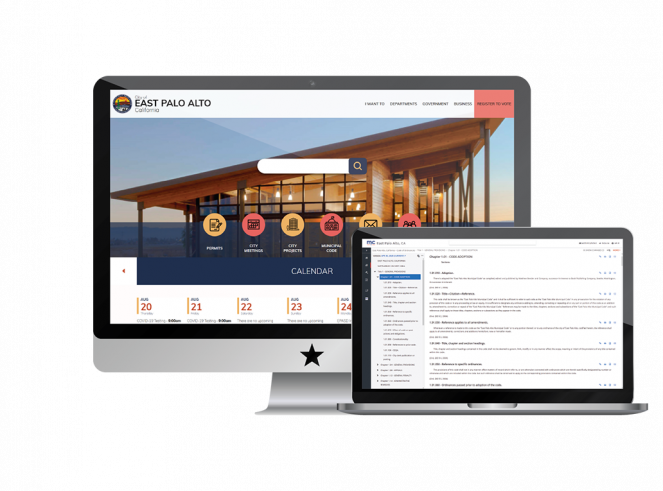 Screenshot of East Palo Alto Website and Code on Monitor and Laptop