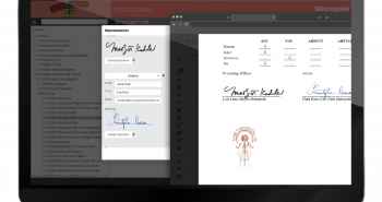 Image of laptop with an example of electronic signature in the Self-Publishing software.