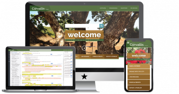 Screenshot of Corvallis Website in Monitor and Phone and Online Code in Laptop