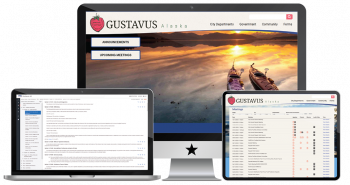 Screenshot of Gustavus website, meeting management, and codification on monitor, laptop, and tablet