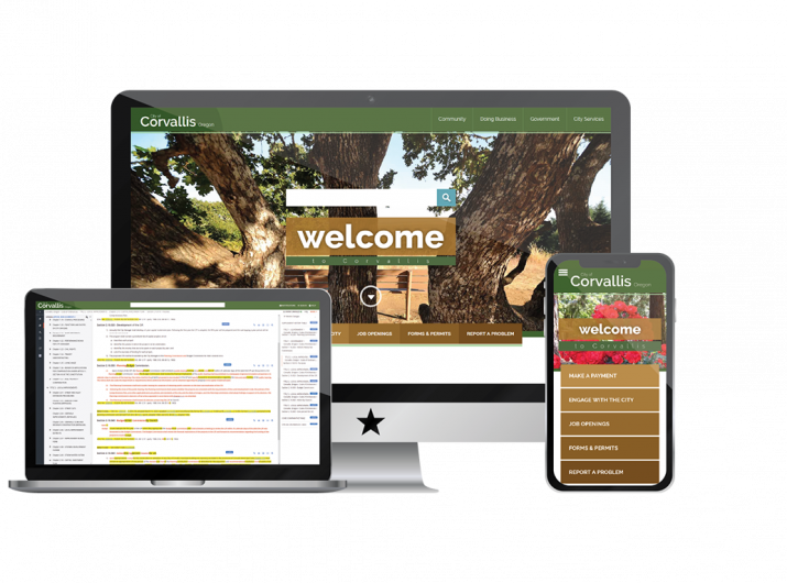 Screenshot of Corvallis Website in Monitor and Phone and Online Code in Laptop
