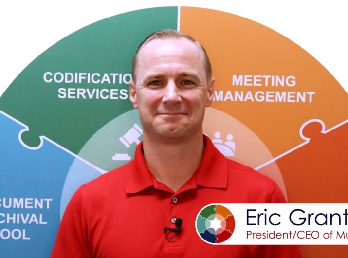 A photo of Eric Grant, the President and CEO of Municode with the Circle of Goverance Platform in the back ground.