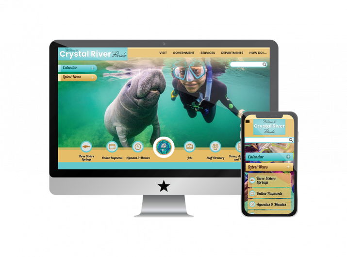 Homepage of Crystal River featuring a manatee and someone snorkeling. 